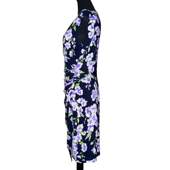 Lauren Ralph Lauren Purple Floral Surplice Accented Ruched Waist Midi Dress - Picture 3 of 4